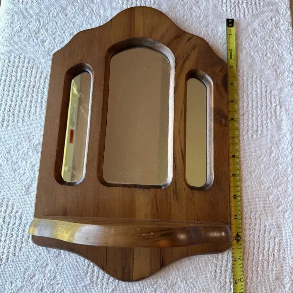 Vintage Wooden Triple Mirrored Wall Shelf Cottagecore Rustic